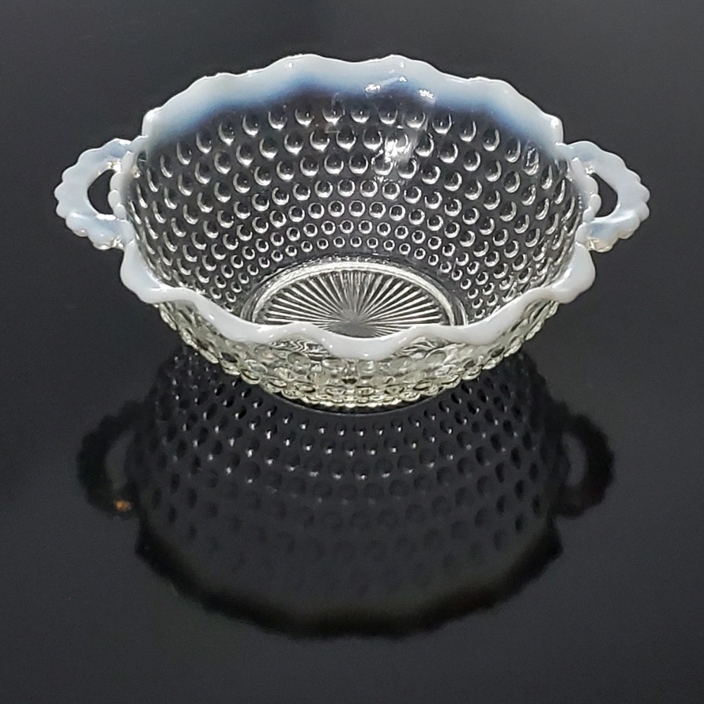 1940s "Moonstone" Opalescent Hobnail 6" Crimped Rim Handled Bowl
